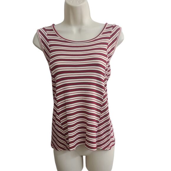 Vintage Womens Silk Knit Sleeveless Top L Red + White Striped Preppy Shirt - Picture 1 of 6